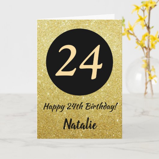 24. Happy Birthday Black and Gold Glitzer Card Karte (Gelbe Blume)