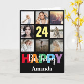 24. Happy Birthday Foto Collage Modernes Schwarz Karte (Gelbe Blume)