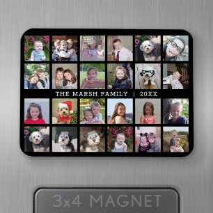 24 Photo Collage with Family Name Date - black Magnet