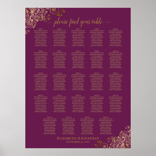 24 Tabelle Cassis Lila Gold Wedding Seating Chart Poster (Vorne)