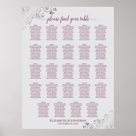 24 Tabelle Cassis Lila Gray Wedding Seating Chart Poster (Vorne)
