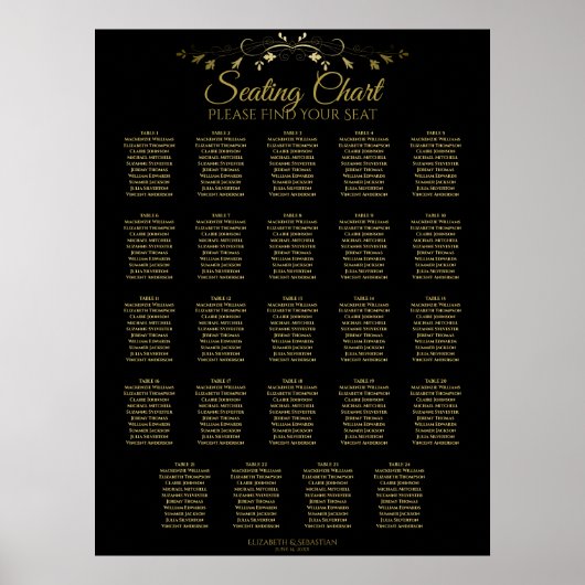 24 Tabelle Chic Gold & Black Wedding Seating Chart Poster (Vorne)