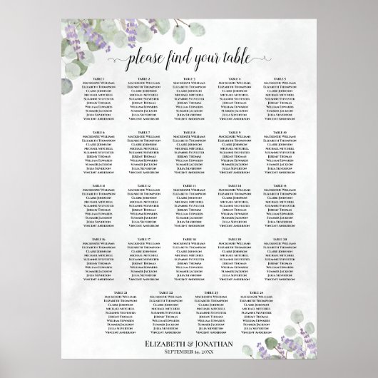 24 Tabelle Eukalyptus Lavendel Hochzeitskarte Poster (Vorne)