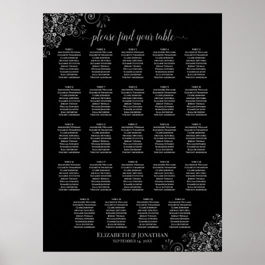 24 Tabelle Silver & Black Wedding Seating Chart Poster (Vorne)