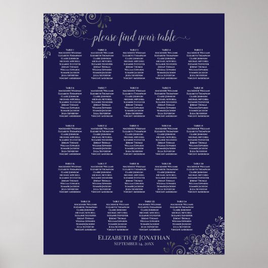 24 Tabelle Silver & Navy Blue Wedding Seating Char Poster (Vorne)