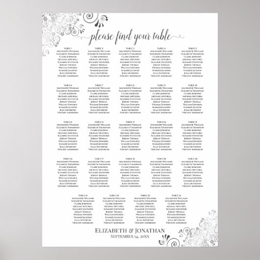 24 Tabelle Silver & White Chic Hochzeitstabelle Poster (Vorne)