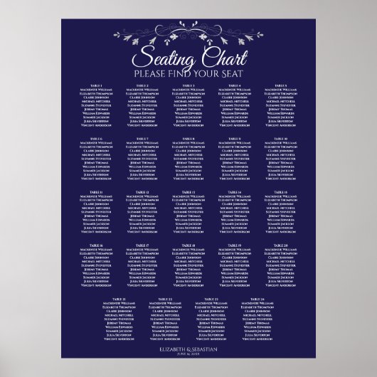 24 Table Elegant Navy Blue Wedding Seating Chart Poster (Vorne)