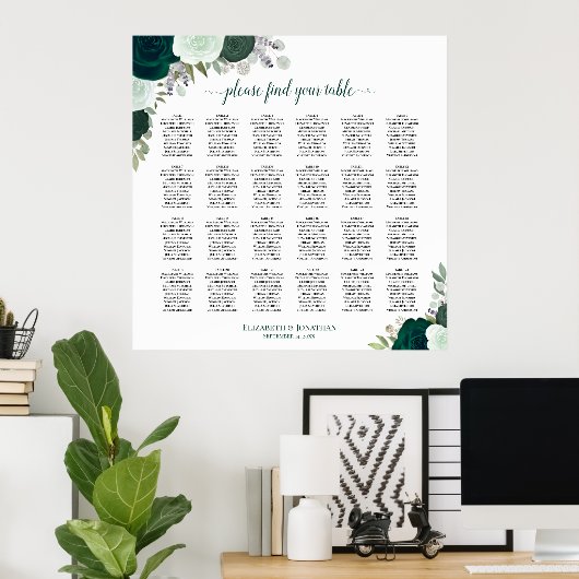 24 Table Emerald Boho Rose Hochzeitstabelle Poster (Heimbüro)