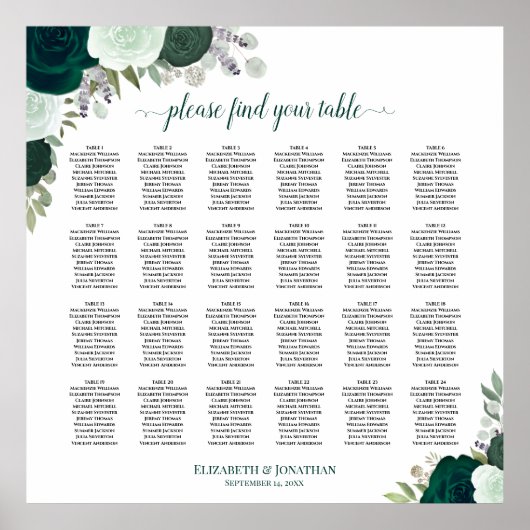 24 Table Emerald Boho Rose Hochzeitstabelle Poster (Vorne)