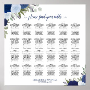 24 Tische Elegante Blaue Rosen Hochzeits-Sitzordnu Poster