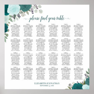 24 Tische Elegante Türkis Rosen Hochzeit Sitzordnu Poster