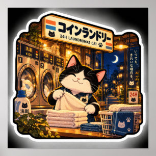 24H Waschsalon Katze Japanische Nachtwäsche Kunst Poster