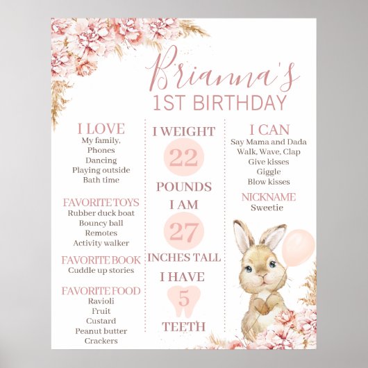 24x30 Boho Blumenbunny 1. Geburtstag Meilenstein Poster (Vorne)