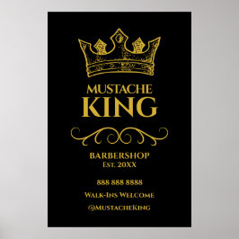 24x36 Gold Crown King Mustache Barbershop Sign Poster