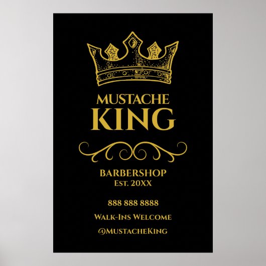 24x36 Gold Crown King Mustache Barbershop Sign Poster (Vorne)