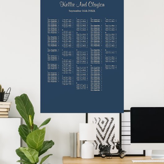 250+ Classic Blue Simple Wedding Seating Chart Poster (Heimbüro)