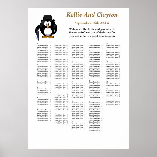 250 Funny Pinguin Greeter Wedding Seating Chart Poster (Vorne)