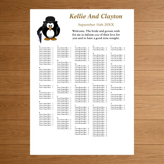 250 Funny Pinguin Greeter Wedding Seating Chart Poster