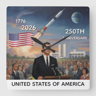 250. Jubiläum USA, Amerikanische Flagge / Patrioti Quadratische Wanduhr