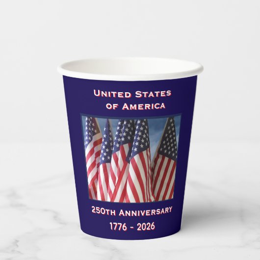 250. Jubiläum USA Patriotische Flaggen Pappbecher (Rückseite)
