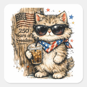 250. Jubiläum USA Patriotische Katze Eiskaffee  Quadratischer Aufkleber