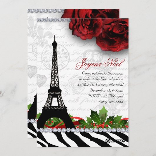 252 Weihnachten Paris-Karte Eiffelturm Zebra Einladung (Vorne/Hinten)