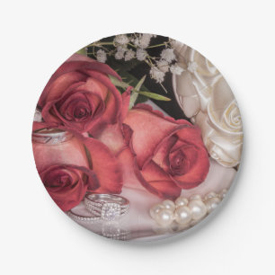 2586-Rot-Weiß-Hochzeit-Rose mit Ringen, Perlen Pappteller
