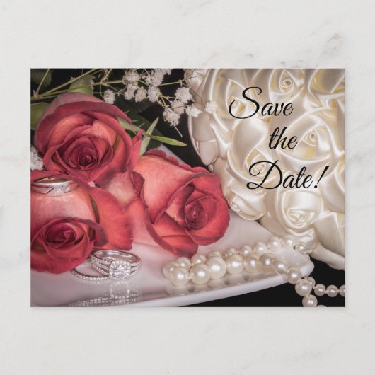 2586-weiß & Rote Rosen, Ringe, Bouquet, Perlen Postkarte (Vorderseite)