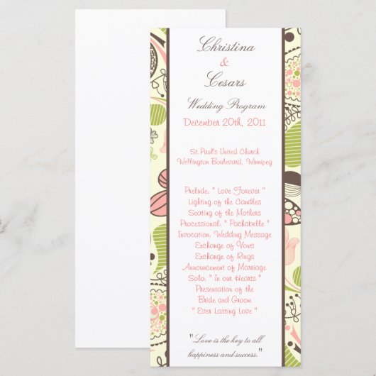 25 4 x 9 Hochzeitsprogramm Frühlingsrosa/grüne Blü Programm (Vorne/Hinten)