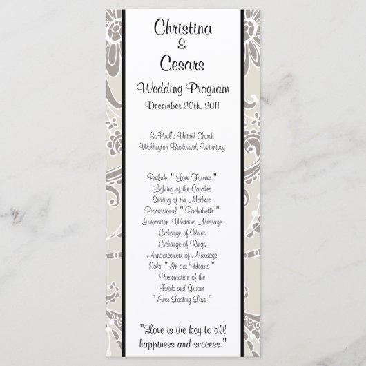 25 4 x 9 Hochzeitsprogramm Grau Blühend Wirbel Programm (Vorderseite)