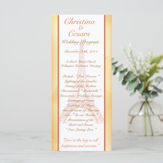 25 4 x 9 Hochzeitsprogramm Paris Peach Programm (Stehend Vorderseite)