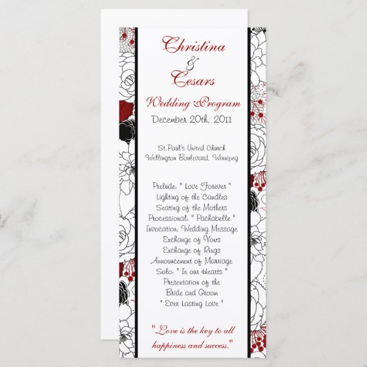 25 4 x 9 Hochzeitsprogramm Schwarze Blume Rote Blä Programm (Vorne/Hinten)