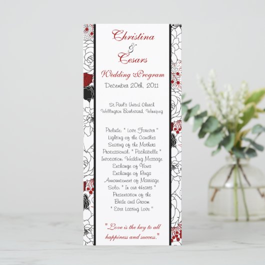 25 4 x 9 Hochzeitsprogramm Schwarze Blume Rote Blä Programm (Stehend Vorderseite)