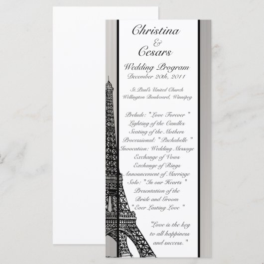 25 4 x 9 Hochzeitsprogramm Schwarzer Eiffelturm Programm (Vorne/Hinten)