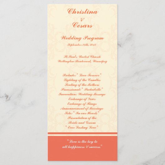 25 4x9 Hochzeitskalender Pinkish/Peach Formal Scro Programm (Vorderseite)