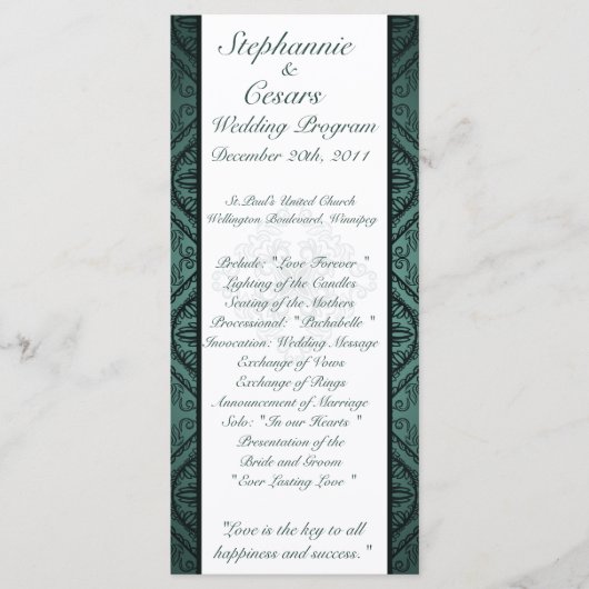 25 4x9 Hochzeitsprogramm Aquamarine Verzierte Dama Programm (Vorderseite)