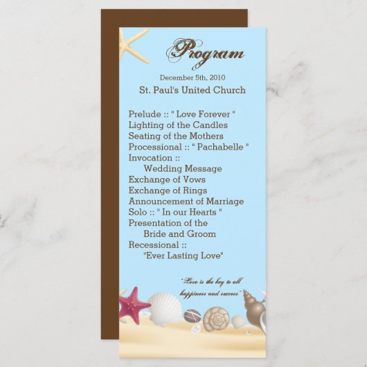 25 4x9 Hochzeitsprogramm Beach Muscheln Ocean Sand Programm (Vorne/Hinten)