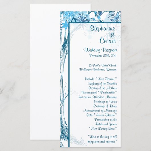 25 4x9 Hochzeitsprogramm Blauer Tree / Schneeflock Programm (Vorne/Hinten)