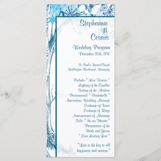 25 4x9 Hochzeitsprogramm Blauer Tree / Schneeflock Programm (Vorderseite)