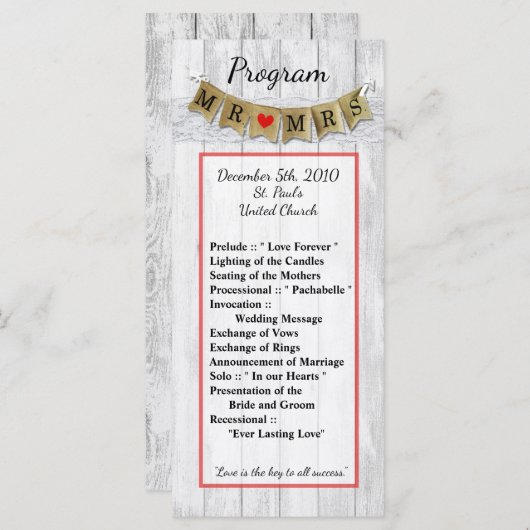 25 4x9 Hochzeitsprogramm Burlap Mr. und Mrs Banner Programm (Vorne/Hinten)