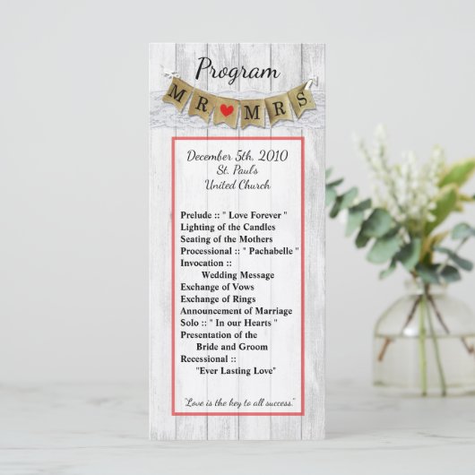 25 4x9 Hochzeitsprogramm Burlap Mr. und Mrs Banner Programm (Stehend Vorderseite)