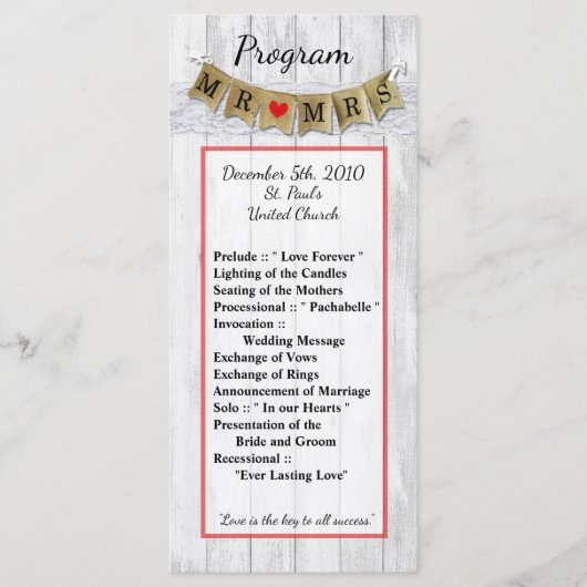 25 4x9 Hochzeitsprogramm Burlap Mr. und Mrs Banner Programm (Vorderseite)