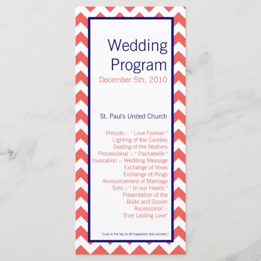 25 4x9 Hochzeitsprogramm Coral Navy Zickzack Nam Programm (Vorderseite)