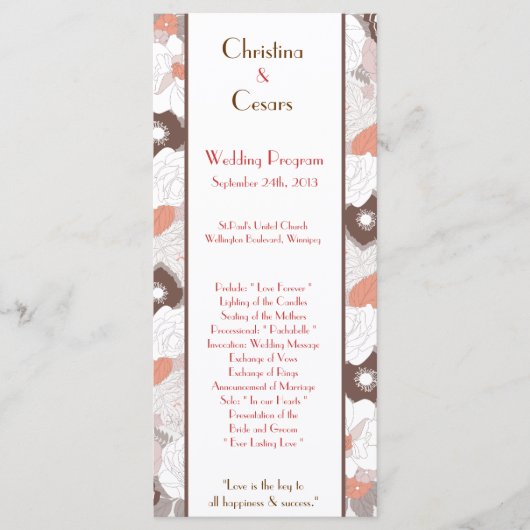 25 4x9 Hochzeitsprogramm Coral Pink Brown Floral F Programm (Vorderseite)