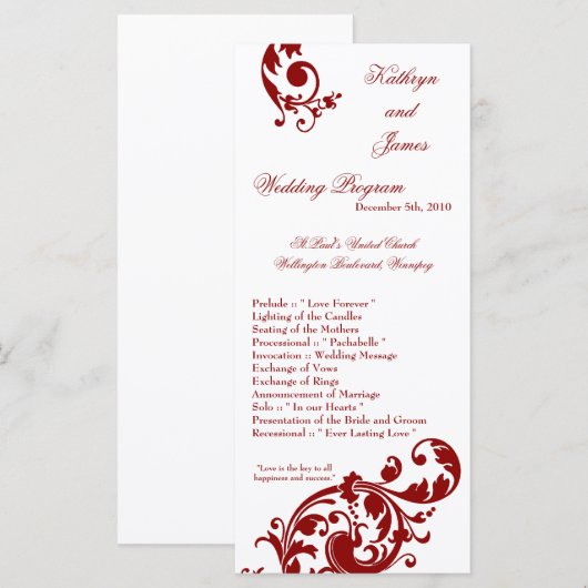 25 4x9 Hochzeitsprogramm Crimson Red Floral Filigr Programm (Vorne/Hinten)