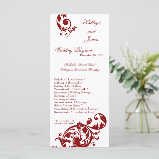 25 4x9 Hochzeitsprogramm Crimson Red Floral Filigr Programm (Stehend Vorderseite)