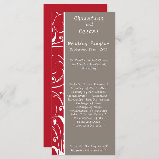 25 4x9 Hochzeitsprogramm Crimson Red Gray Bg White Programm (Vorne/Hinten)