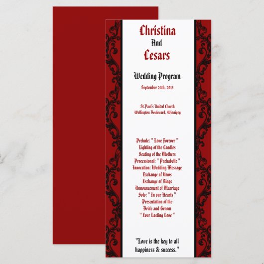 25 4x9 Hochzeitsprogramm Crimson Red Verziert Embe Programm (Vorne/Hinten)