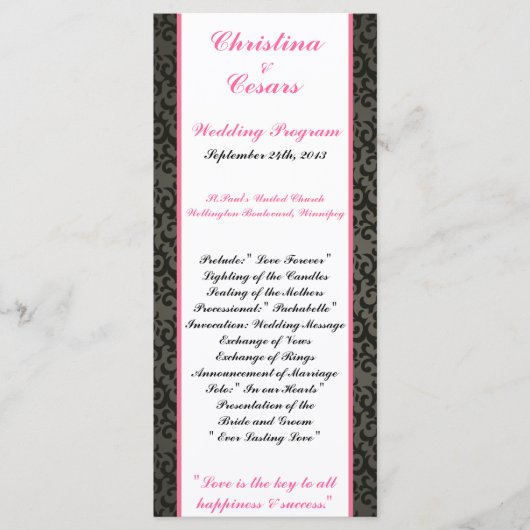 25 4x9 Hochzeitsprogramm Damaskus/Streifen Rosa Kr Programm (Vorderseite)