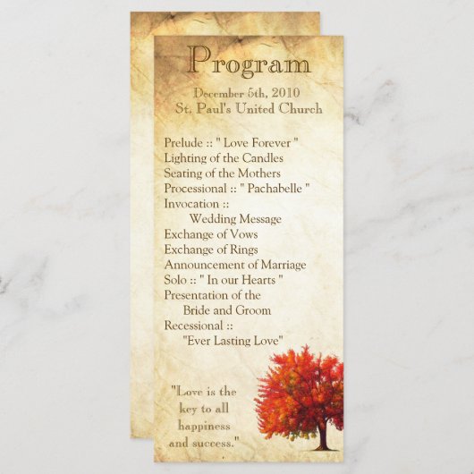 25 4x9 Hochzeitsprogramm Fall Tree Aged Paper Herb Programm (Vorne/Hinten)